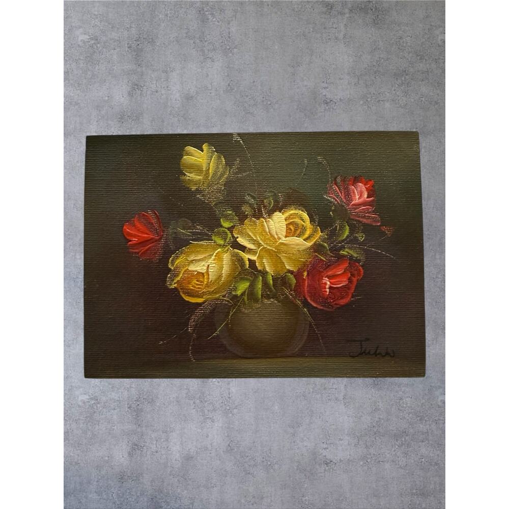 Vintage Floral Oil Painting Original Signed Rose Still Life Small Canvas 1960s